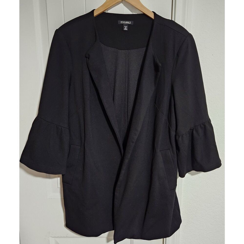 Roz And Ali Black Open Front Blazer With Bell Sleeves, Faux Slit Pockets And...
